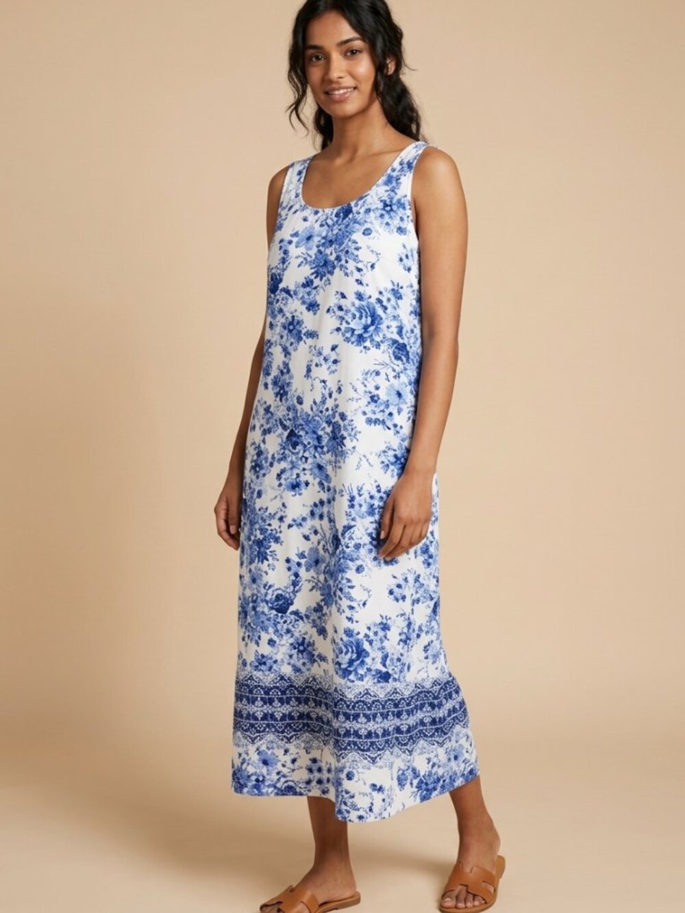 J. Jill White Blue Floral Sleeveless Cotton Long Sun Dress Size XL